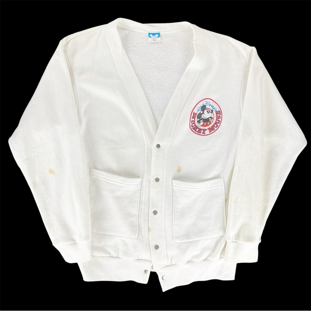 Vintage Walt Disney Mickey Mouse White V Neck Cardigan Sweater Top AS IS